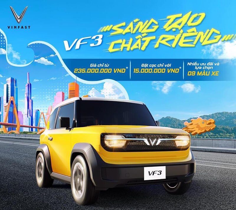VinFast VF 3 màu vàng chạy trên đường phố — ảnh giới thiệu dòng xe điện cỡ nhỏ