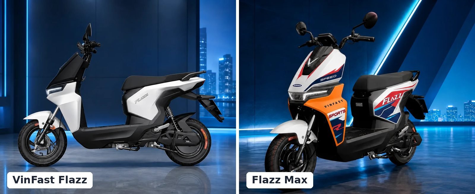 VinFast Flazz màu trắng phối đen và Flazz Max phối trắng cam đặt cạnh nhau